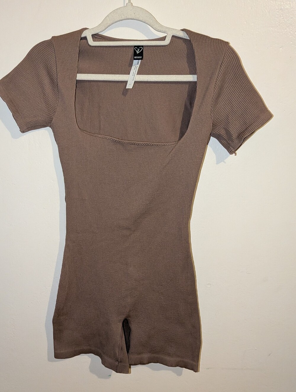 Windsor Ribbed Square-Neck Short Sleeve Romper - Brown Size L